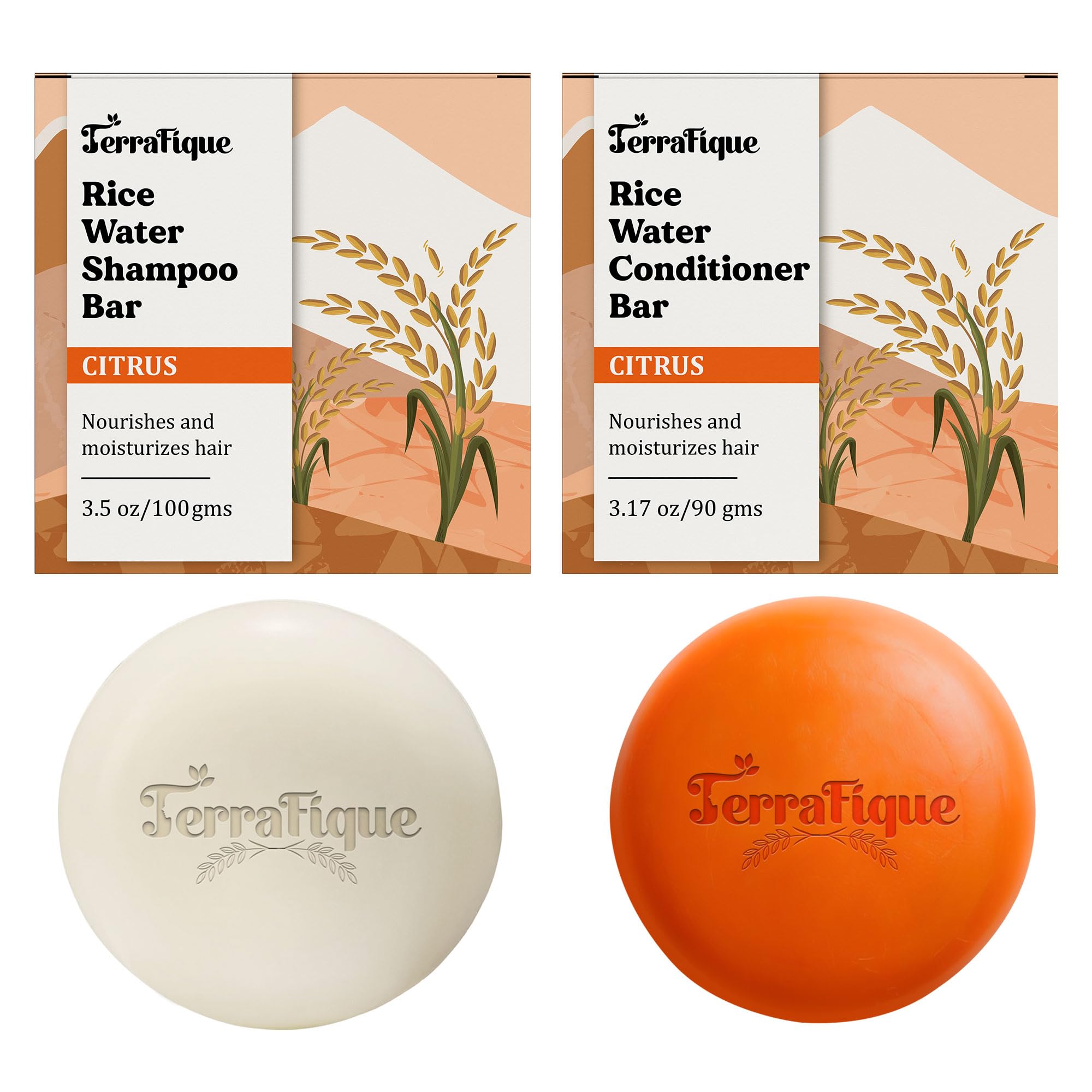 Terrafique Rice Water Shampoo & Conditioner Bar Set – Citrus, Travel-Friendly