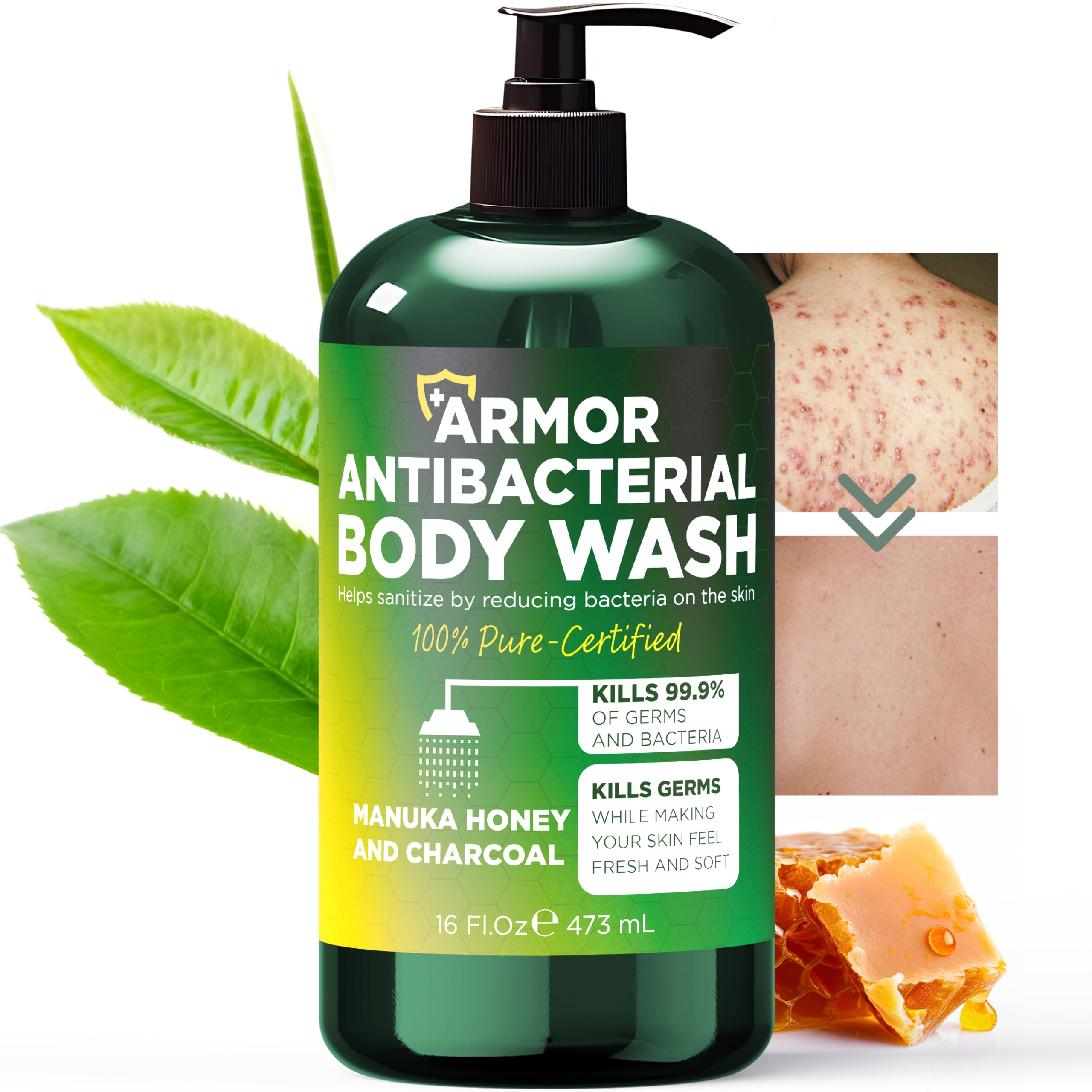Terramed Just Think Comfort Antibacterial Body Wash – Kills 99.9% of Germs, Manuka Honey & Charcoal, 16 oz