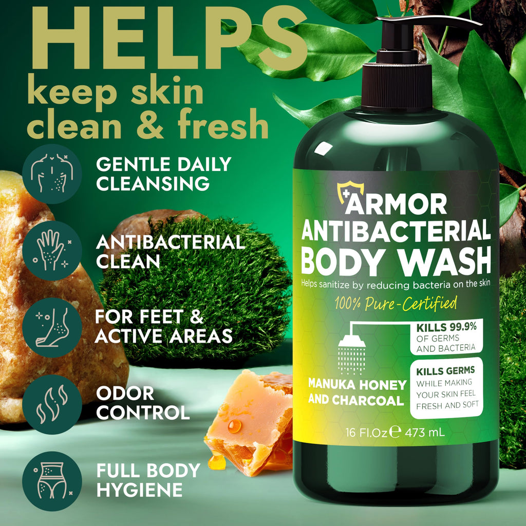 Terramed Just Think Comfort Antibacterial Body Wash – Kills 99.9% of Germs, Manuka Honey & Charcoal, 16 oz