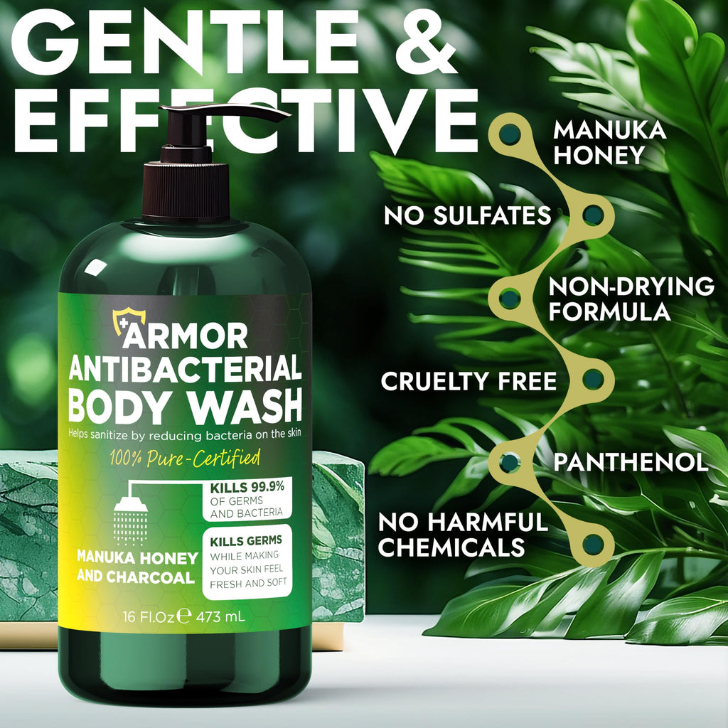 Terramed Just Think Comfort Antibacterial Body Wash – Kills 99.9% of Germs, Manuka Honey & Charcoal, 16 oz