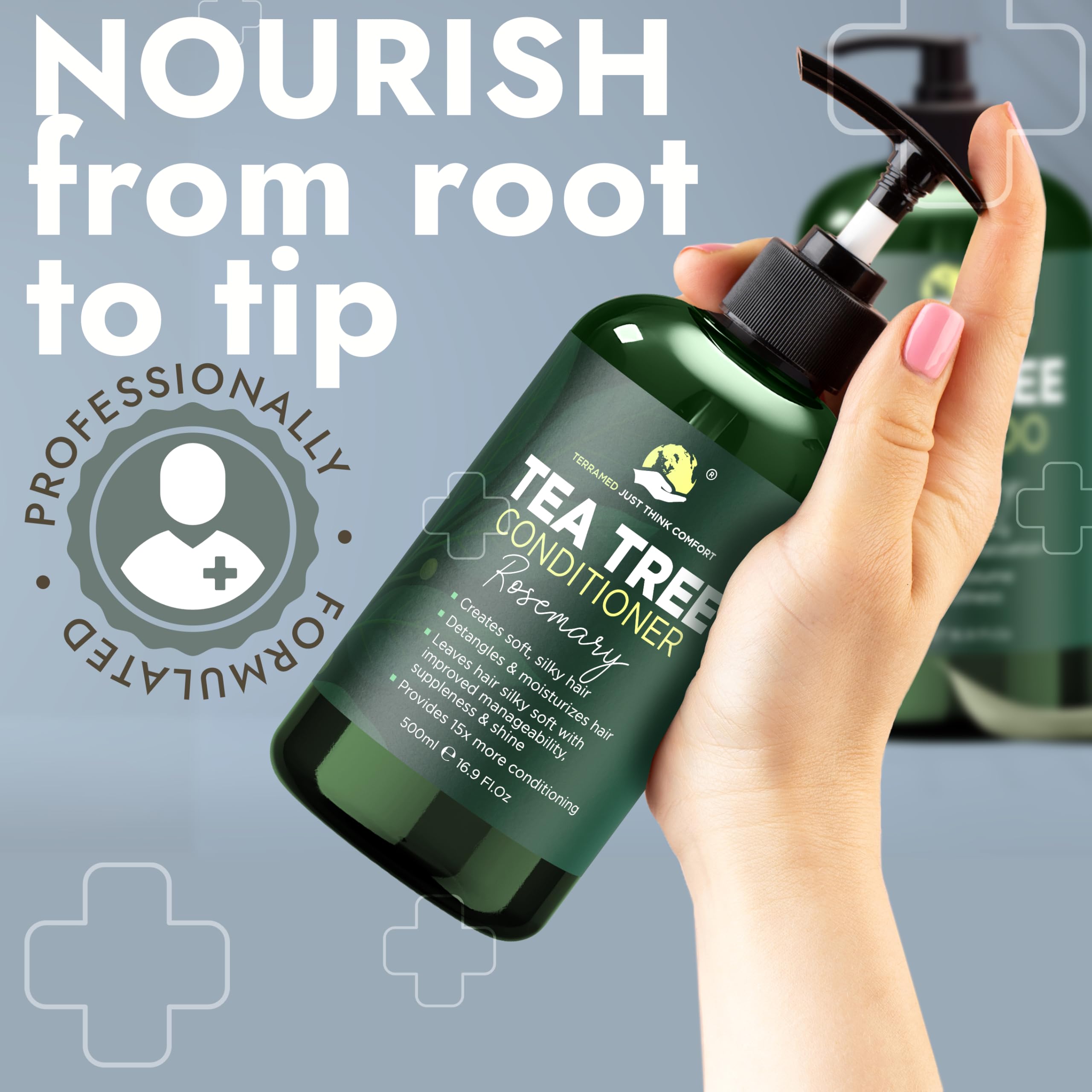 Terramed Just Think Comfort Rosemary Shampoo & Conditioner Set – Tea Tree & Rosemary Oils, Sulfate Free + Free Scalp Brush | 16.9 fl oz