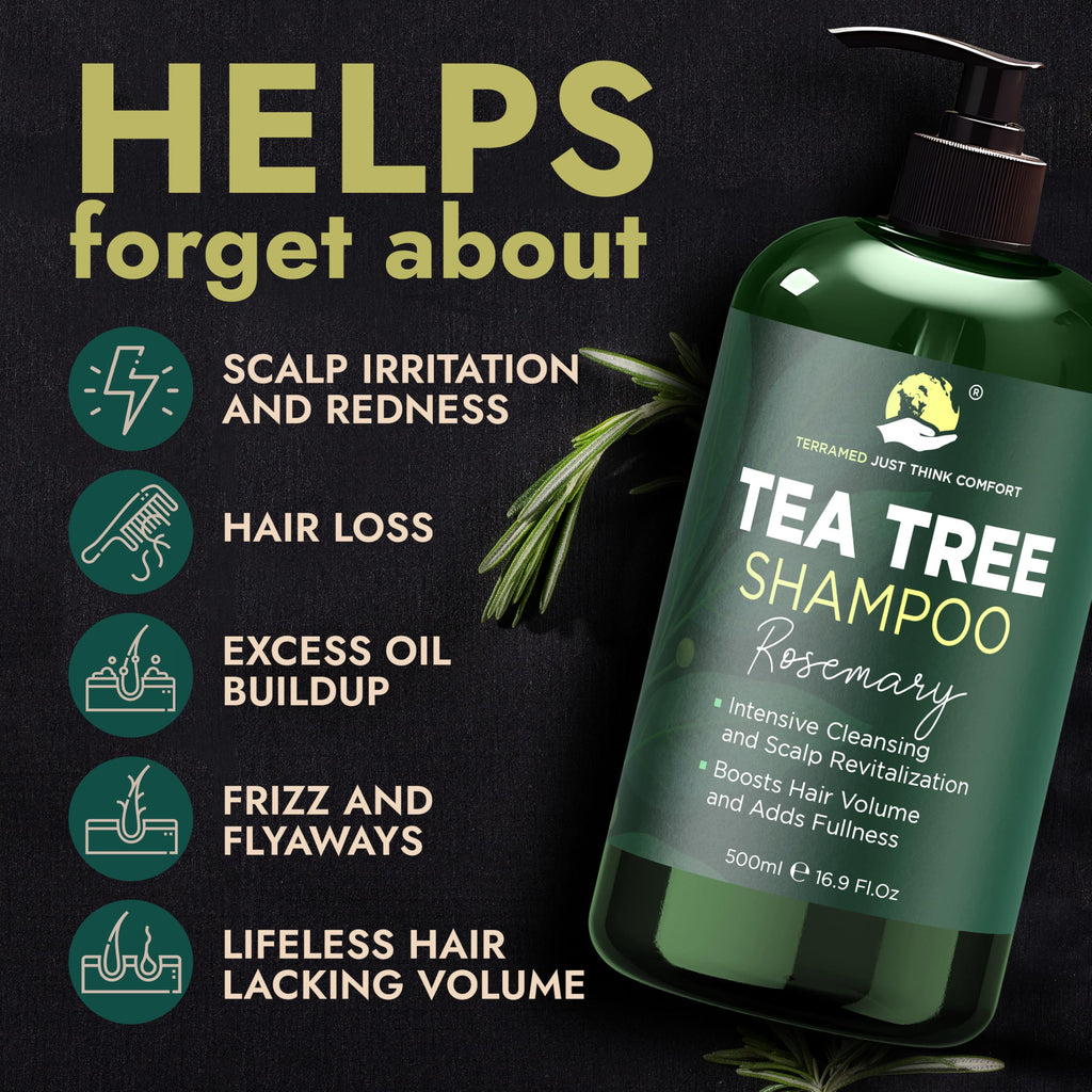 Terramed Just Think Comfort Rosemary Shampoo & Conditioner Set – Tea Tree & Rosemary Oils, Sulfate Free + Free Scalp Brush | 16.9 fl oz
