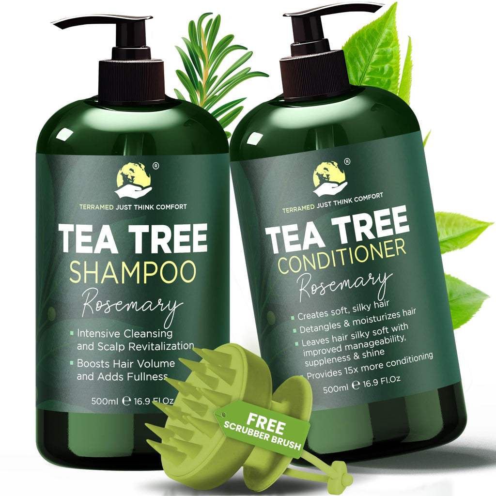 Terramed Just Think Comfort Rosemary Shampoo & Conditioner Set – Tea Tree & Rosemary Oils, Sulfate Free + Free Scalp Brush | 16.9 fl oz