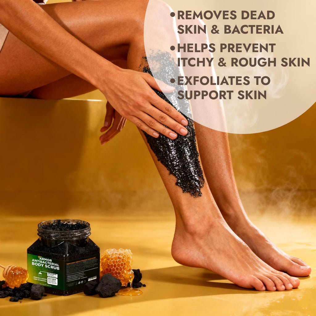 Terramed Just Think Comfort Antibacterial Body Scrub – Manuka Honey & Charcoal, Deep Cleansing & Exfoliation, 16 oz