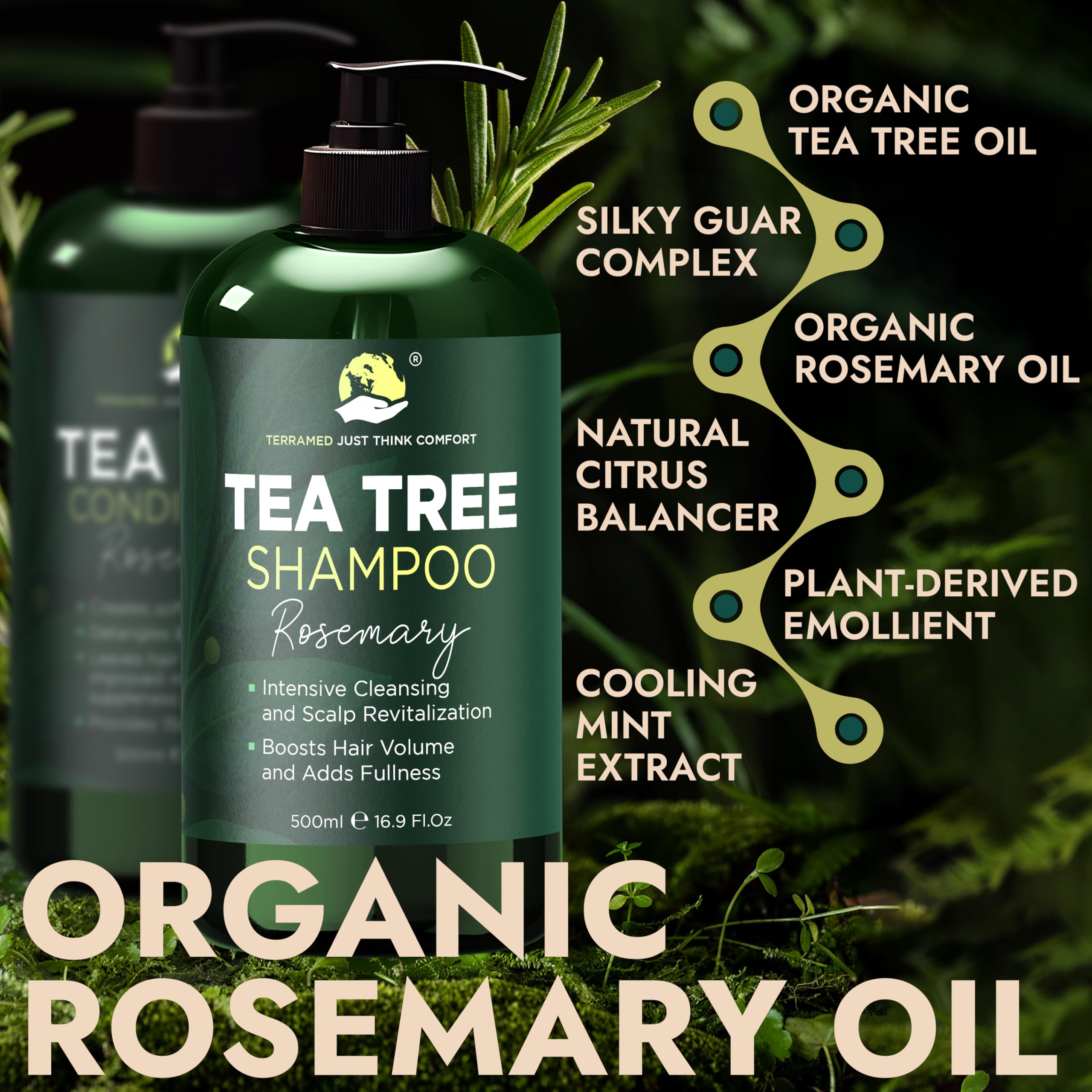 Terramed Just Think Comfort Rosemary Shampoo & Conditioner Set – Tea Tree & Rosemary Oils, Sulfate Free + Free Scalp Brush | 16.9 fl oz