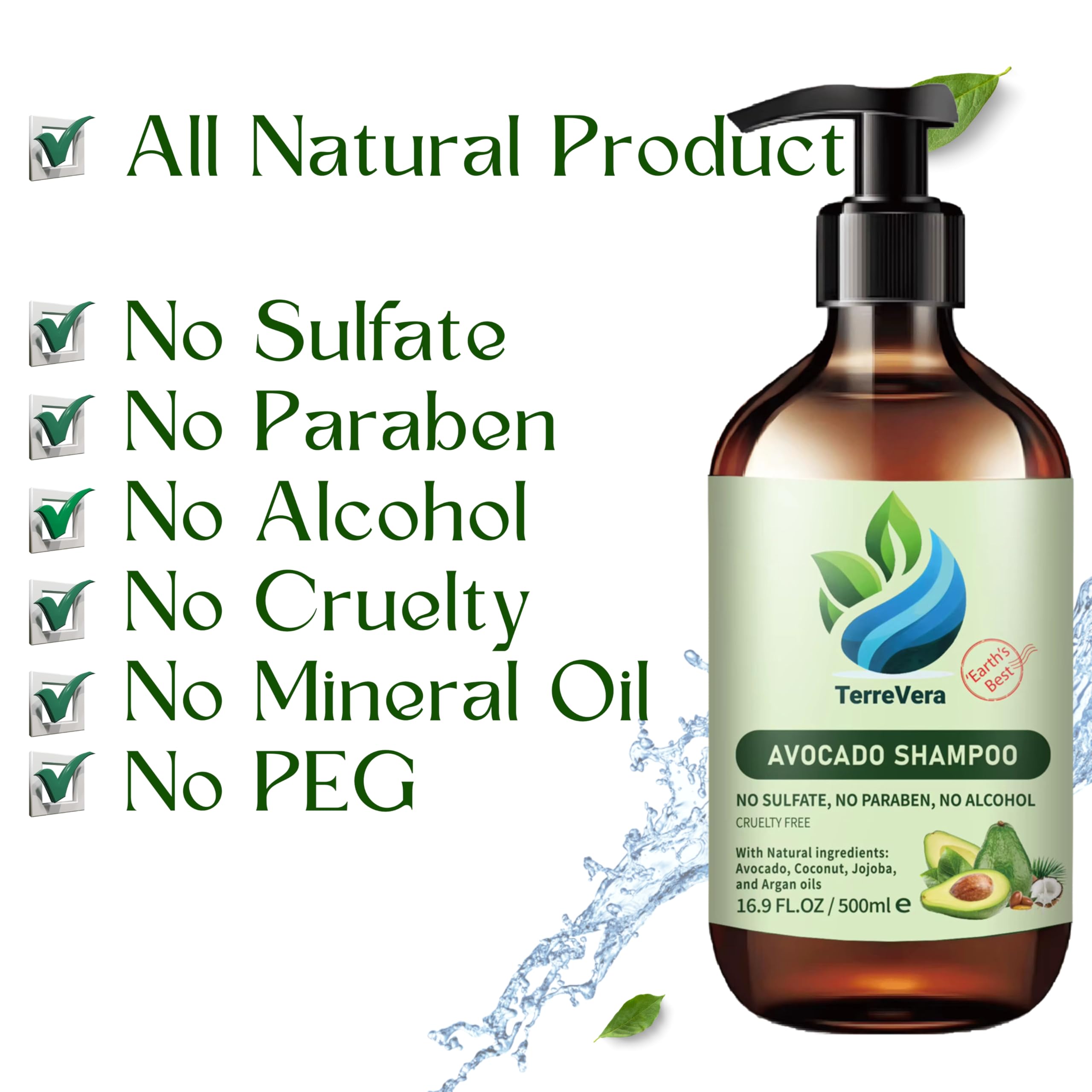 TerreVera Avocado Shampoo – Salon-Quality Hydration with Avocado, Argan, Coconut & Jojoba Oils – Sulfate & Paraben Free – 16.9 fl oz