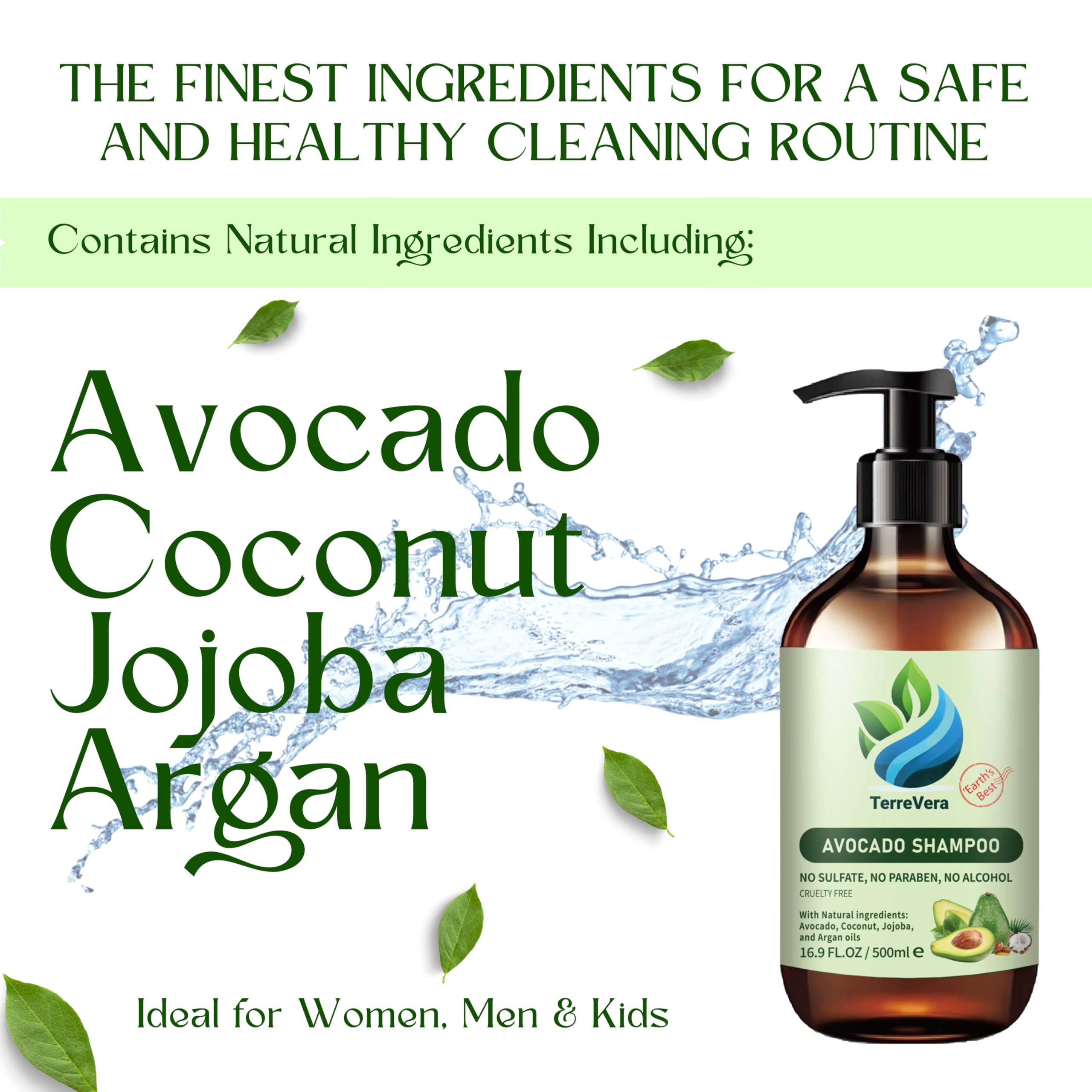 TerreVera Avocado Shampoo – Salon-Quality Hydration with Avocado, Argan, Coconut & Jojoba Oils – Sulfate & Paraben Free – 16.9 fl oz