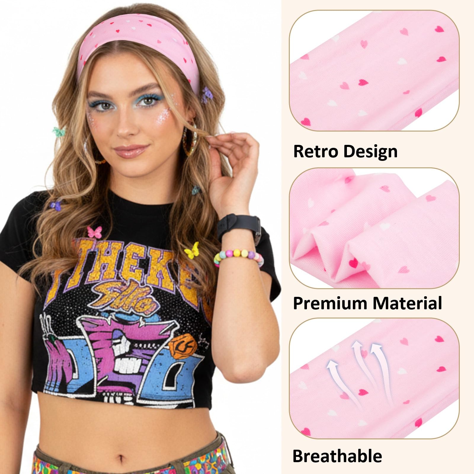TERSE Valentine's Day Headbands for Women - 6-Piece Heart Print Set | Cute Red & Pink Hair Accessories