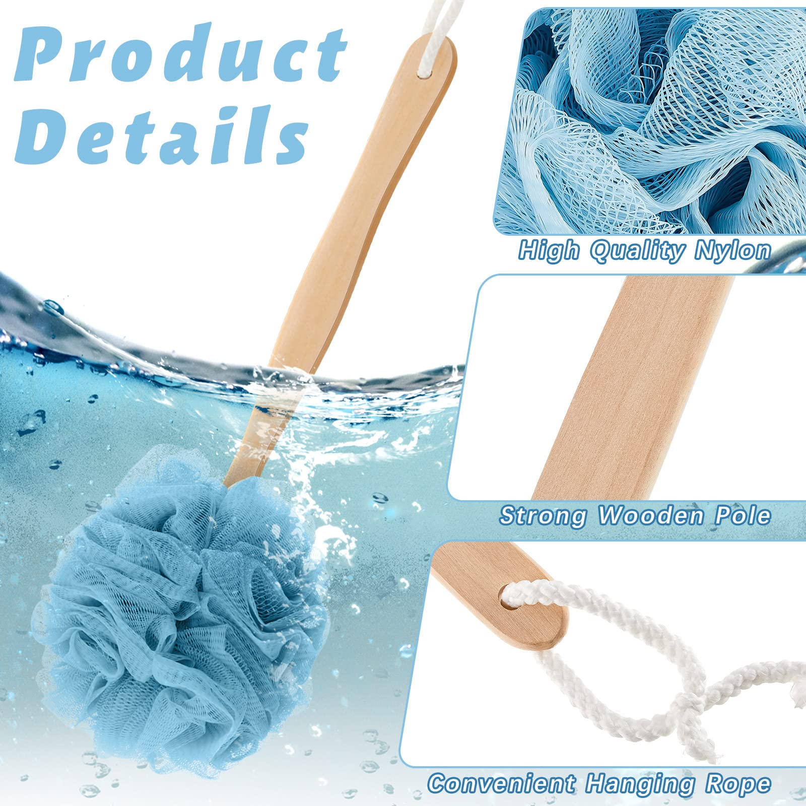 12 Pcs Tessco for you Loofah on a Stick Back Scrubber with Long Handle – Shower Bath Brush Set