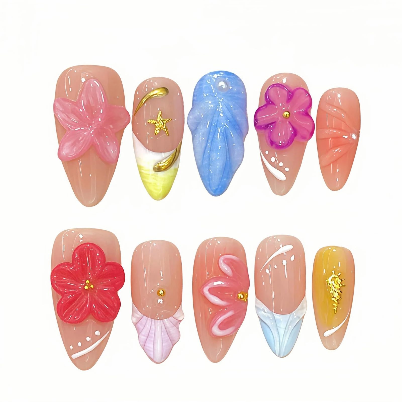 Tesytto Handmade Press On Nails – 3D Floral Carved Medium Almond, French Tips, Gel Acrylic