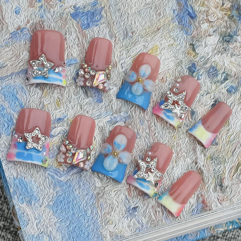 Tesytto Duck Shape 3D Floral Nails | Luxury Thick Acrylic Press-On Nails with Rhinestones – Pastel Pink-Blue Stellar