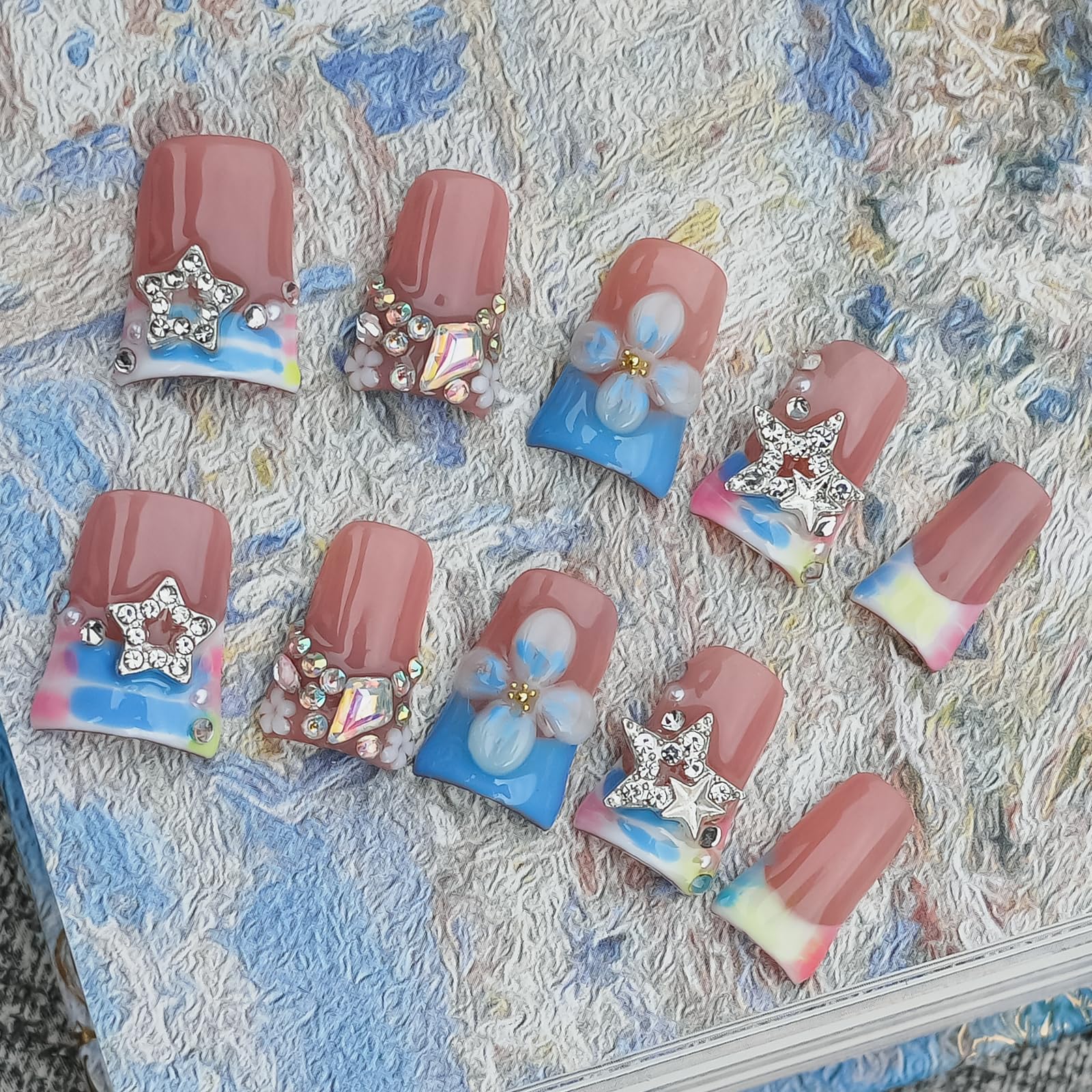 Tesytto Duck Shape 3D Floral Nails | Luxury Thick Acrylic Press-On Nails with Rhinestones – Pastel Pink-Blue Stellar