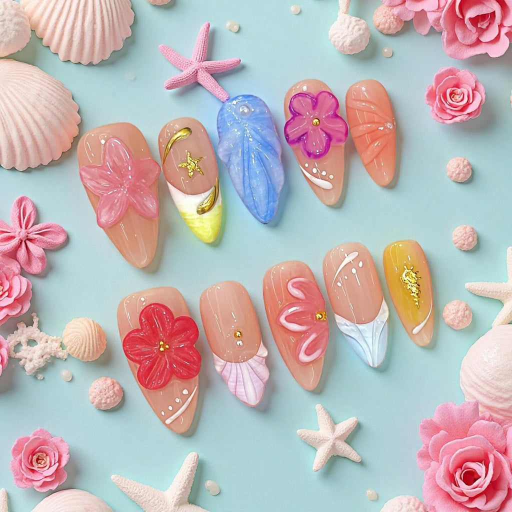 Tesytto Handmade Press On Nails – 3D Floral Carved Medium Almond, French Tips, Gel Acrylic