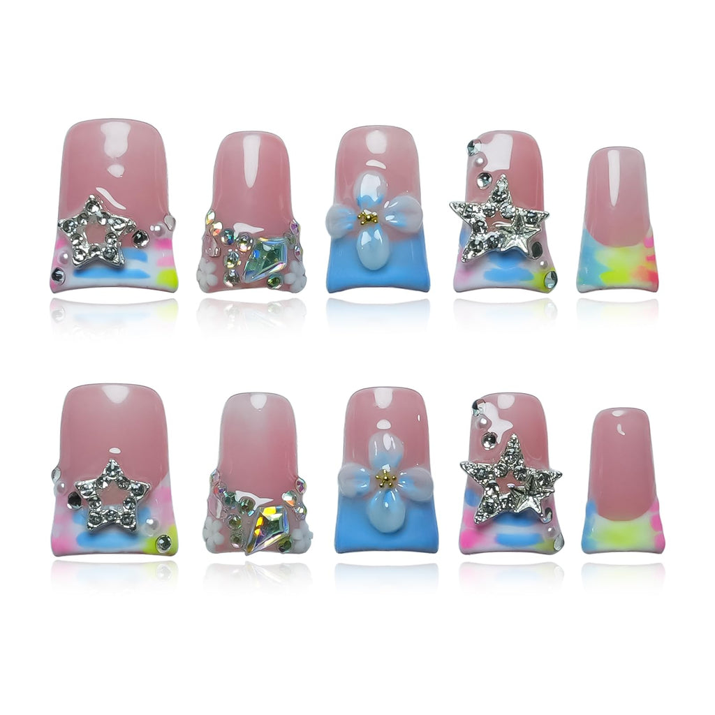 Tesytto Duck Shape 3D Floral Nails | Luxury Thick Acrylic Press-On Nails with Rhinestones – Pastel Pink-Blue Stellar