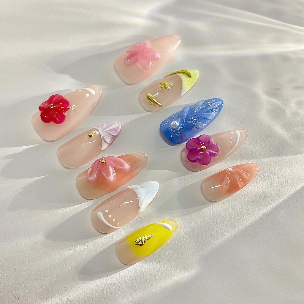 Tesytto Handmade Press On Nails – 3D Floral Carved Medium Almond, French Tips, Gel Acrylic