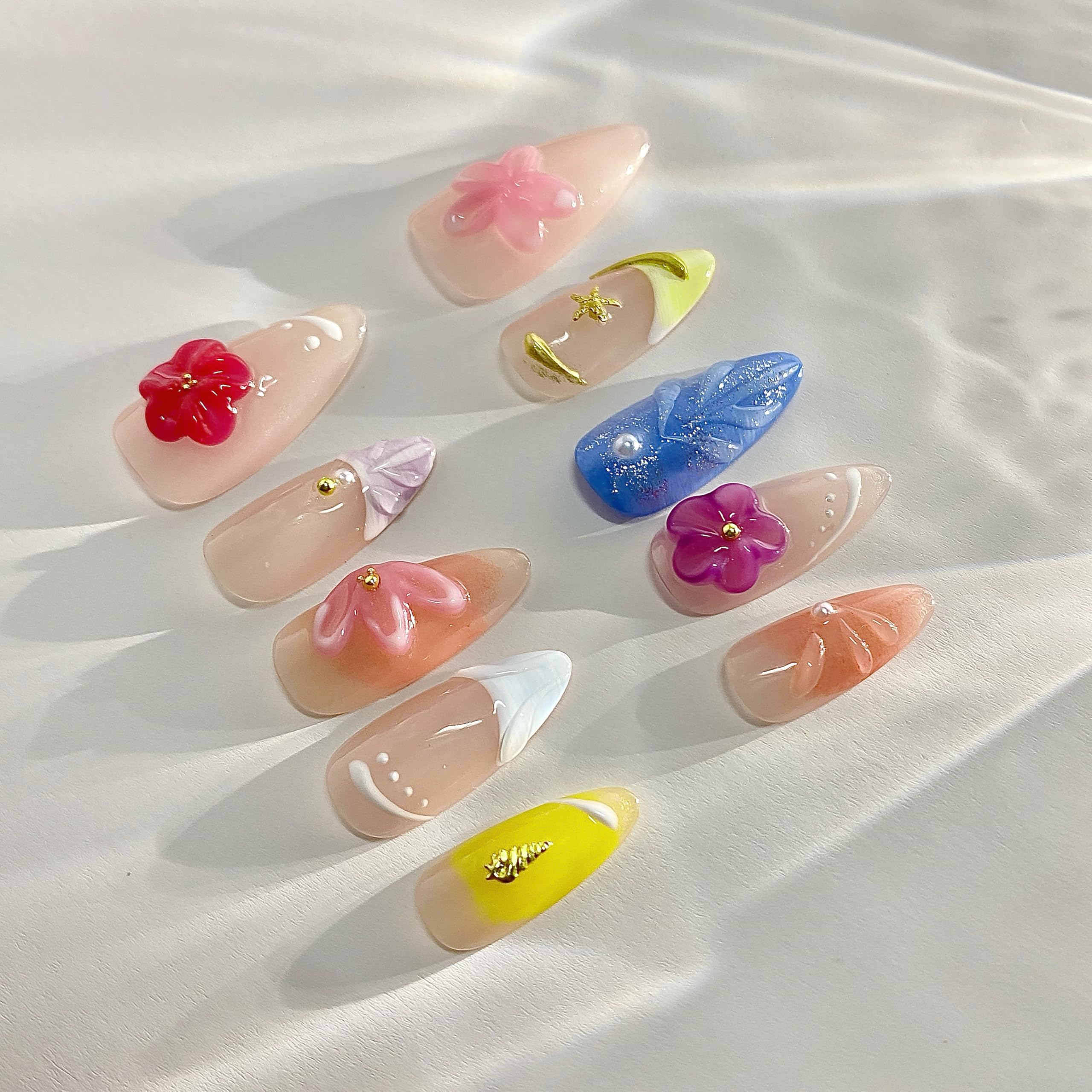 Tesytto Handmade Press On Nails – 3D Floral Carved Medium Almond, French Tips, Gel Acrylic