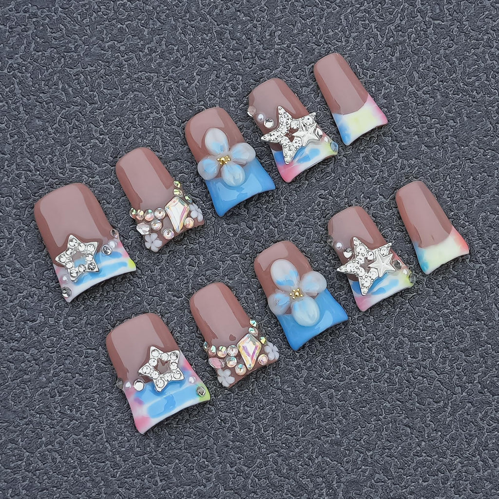 Tesytto Duck Shape 3D Floral Nails | Luxury Thick Acrylic Press-On Nails with Rhinestones – Pastel Pink-Blue Stellar