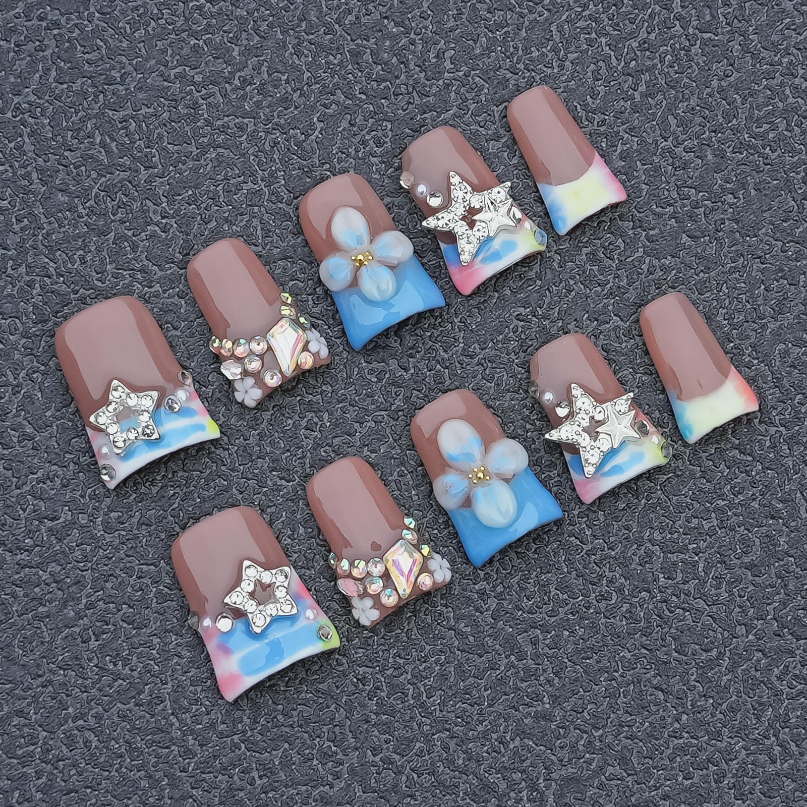 Tesytto Duck Shape 3D Floral Nails | Luxury Thick Acrylic Press-On Nails with Rhinestones – Pastel Pink-Blue Stellar