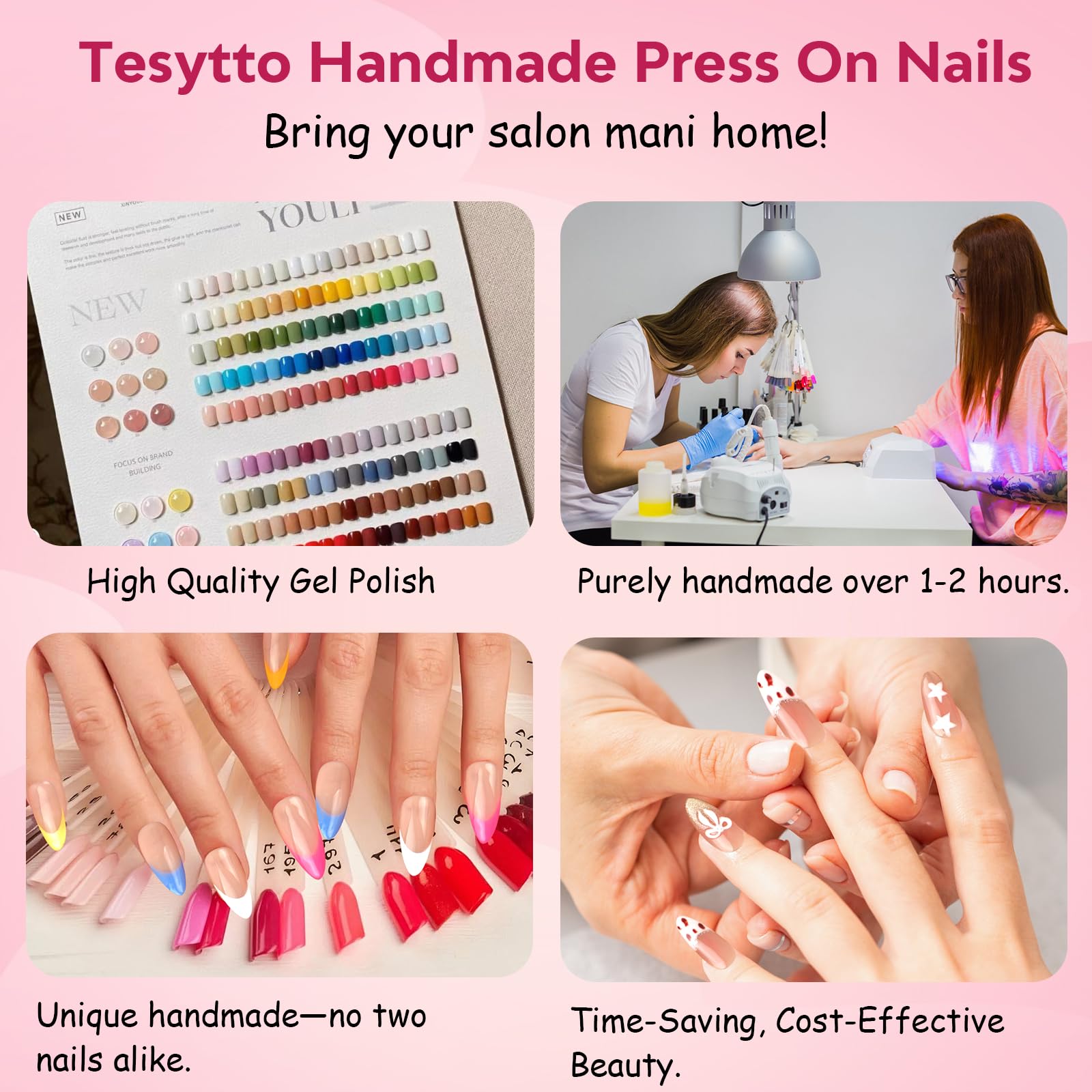 Tesytto Handmade Press On Nails – 3D Floral Carved Medium Almond, French Tips, Gel Acrylic