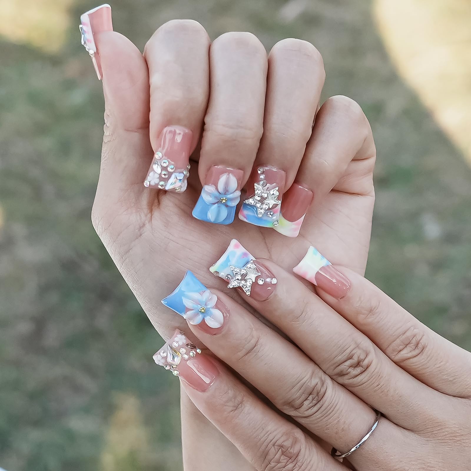 Tesytto Duck Shape 3D Floral Nails | Luxury Thick Acrylic Press-On Nails with Rhinestones – Pastel Pink-Blue Stellar