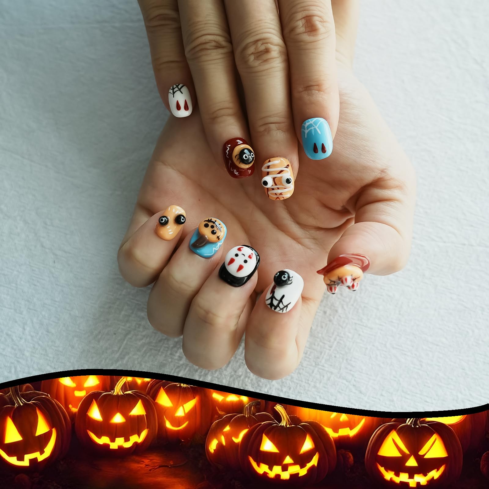 Tesytto Nightmare Before Christmas Press-On Nails – 3D Ghosts, Kawaii Short Nails