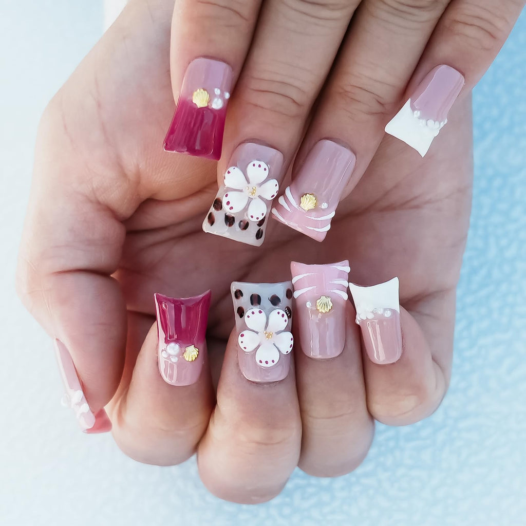 Tesytto Press On Nails | Short Duck Nails with 3D Floral & French Tip