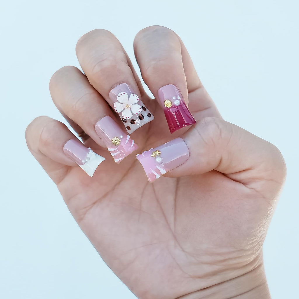 Tesytto Press On Nails | Short Duck Nails with 3D Floral & French Tip