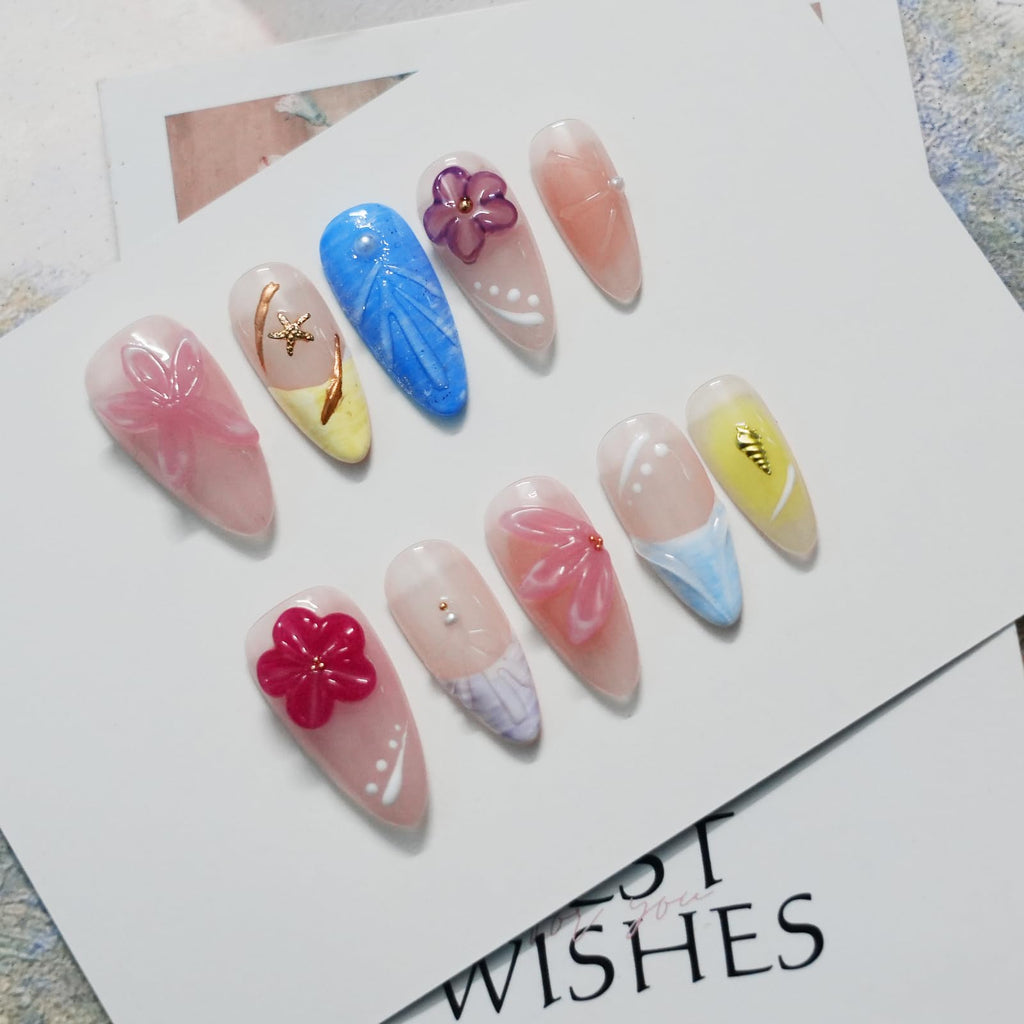 Tesytto Handmade Press On Nails – 3D Floral Carved Medium Almond, French Tips, Gel Acrylic