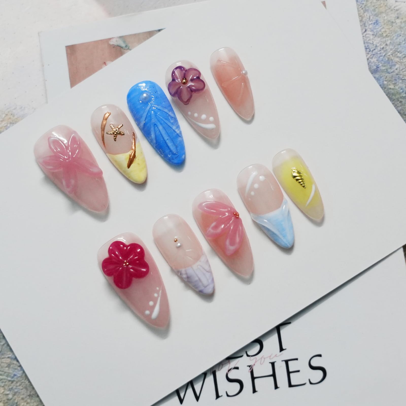 Tesytto Handmade Press On Nails – 3D Floral Carved Medium Almond, French Tips, Gel Acrylic