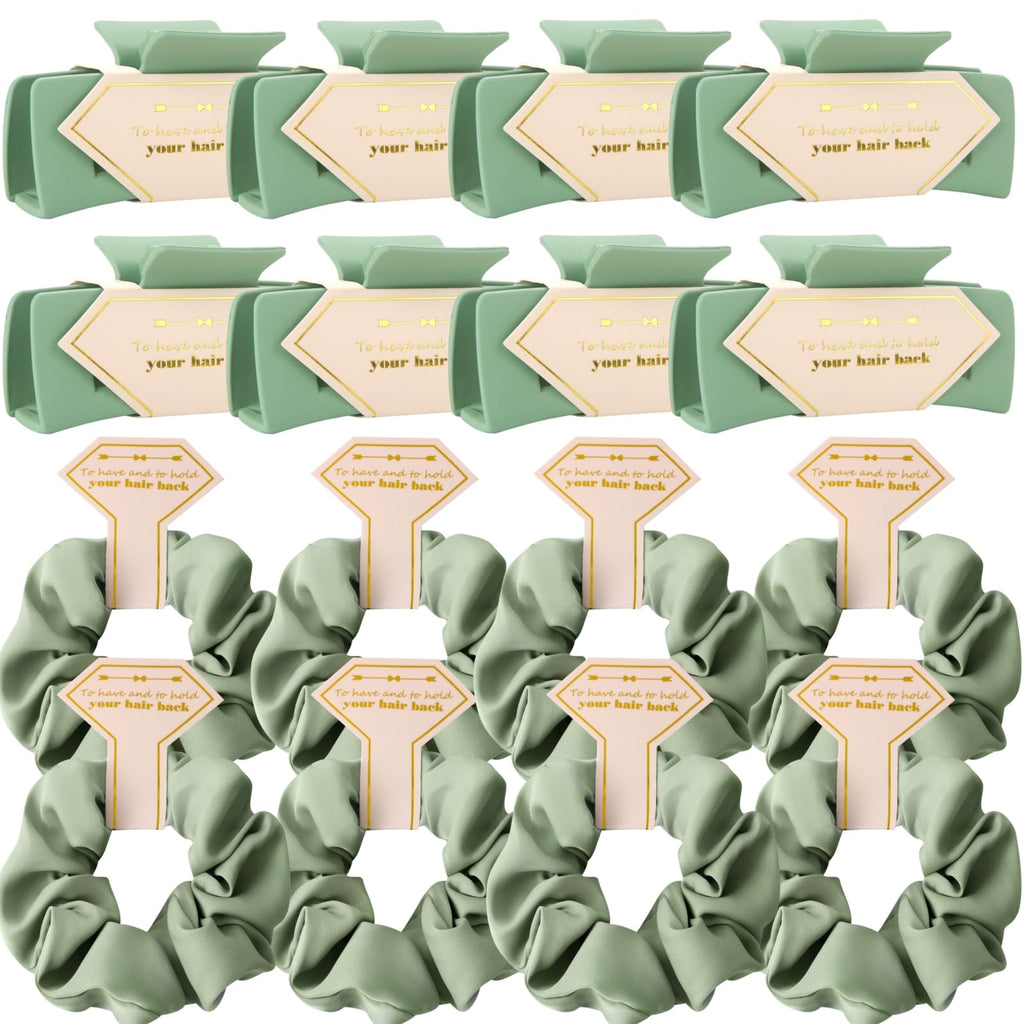 Tethzeng Bridesmaid Scrunchies & Hair Claw Clips – Sage Green 16-Piece Gift Set for Bachelorette & Wedding Party