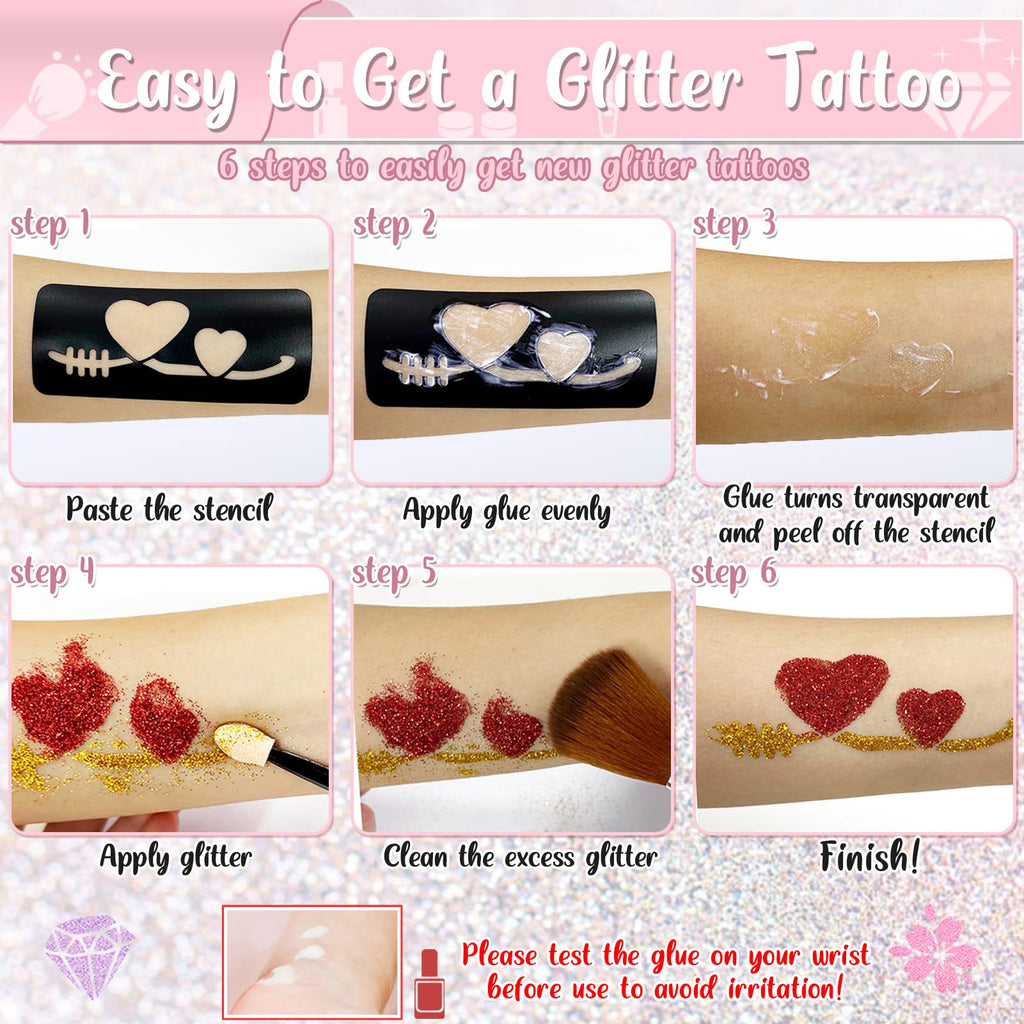 TEUVO Kids Glitter Tattoo Kit – 50 Colors, 177 Stencils, 25 Pattern Stickers