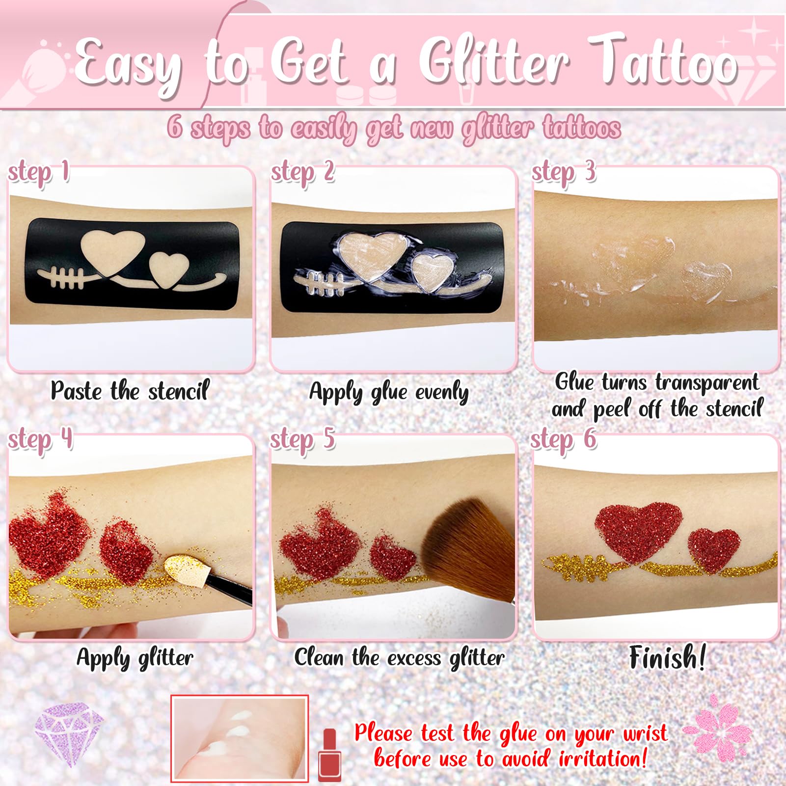TEUVO Kids Glitter Tattoo Kit – 50 Colors, 177 Stencils, 25 Pattern Stickers
