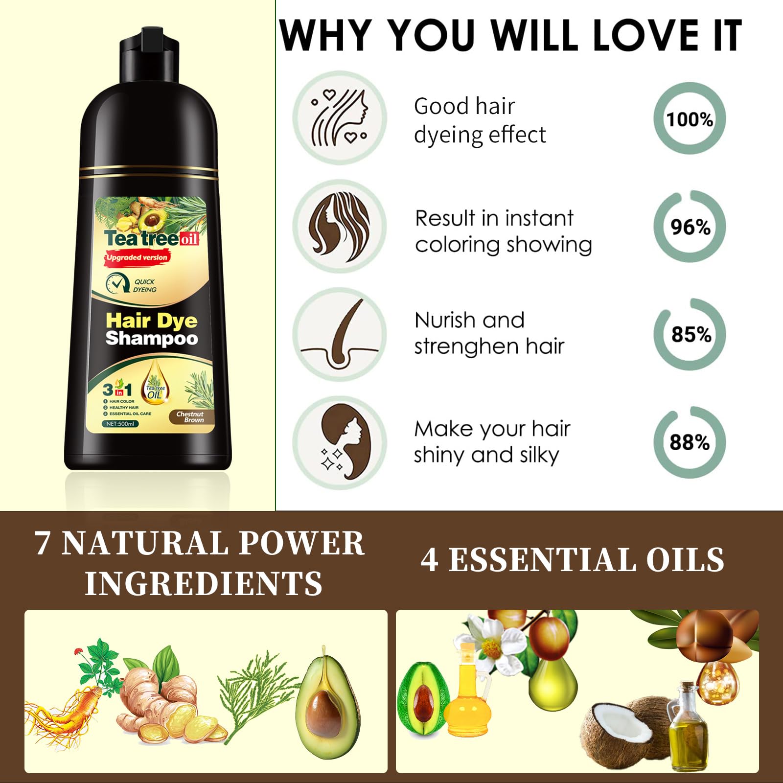 TGTXDEA Herbal Instant Hair Color Shampoo – 100% Gray Coverage, Ammonia-Free, Brown (3-in-1 Bubbles)