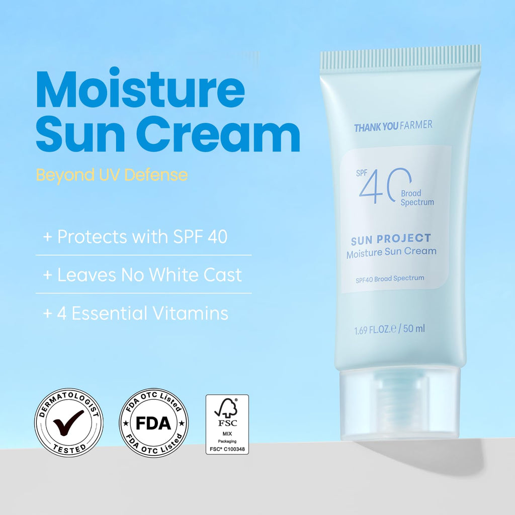 THANKYOU FARMER Sun Project Moisture SPF 40 – Fragrance-Free, No White Cast, Dermatologist Tested, 50ml