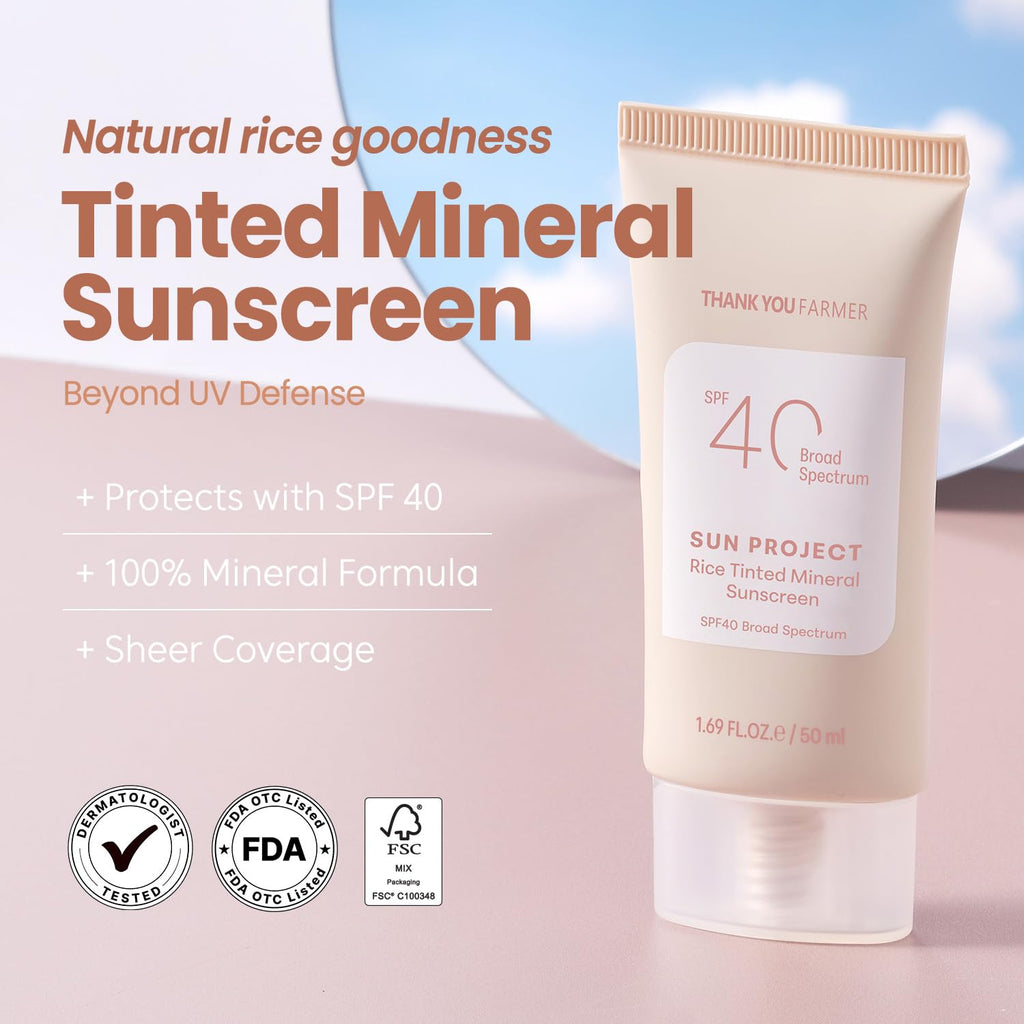 THANKYOU FARMER Sun Project Rice Tinted Mineral Sunscreen SPF40 – No White Cast, Dermatologist-Tested