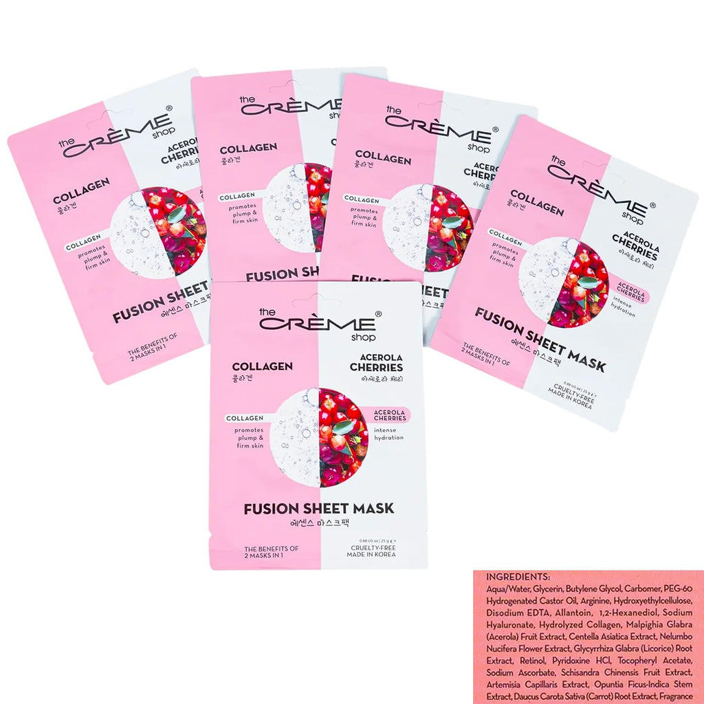 The Crème Shop Face Mask 5 Pack Bundle – Hydrating Collagen & Acerola Masks Made in Korea