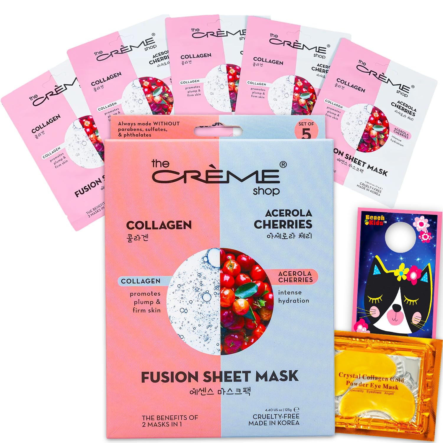 The Crème Shop Face Mask 5 Pack Bundle – Hydrating Collagen & Acerola Masks Made in Korea