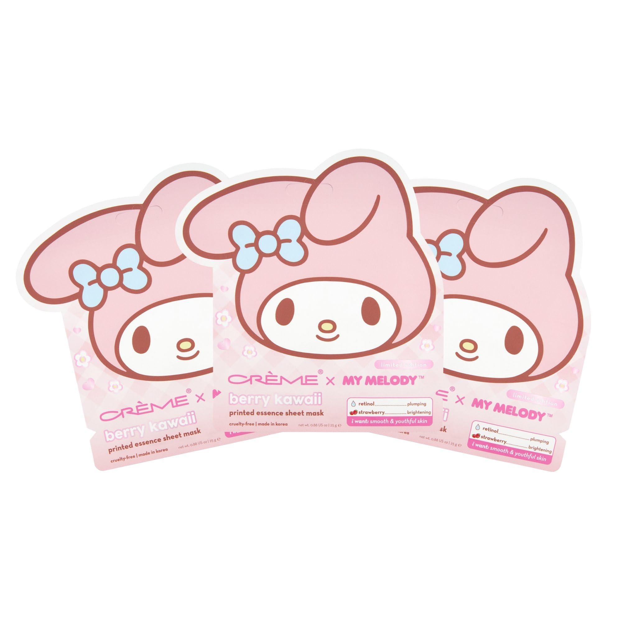 The Crème Shop My Melody Berry Kawaii Printed Essence Sheet Mask (Set of 3) – $12 Value