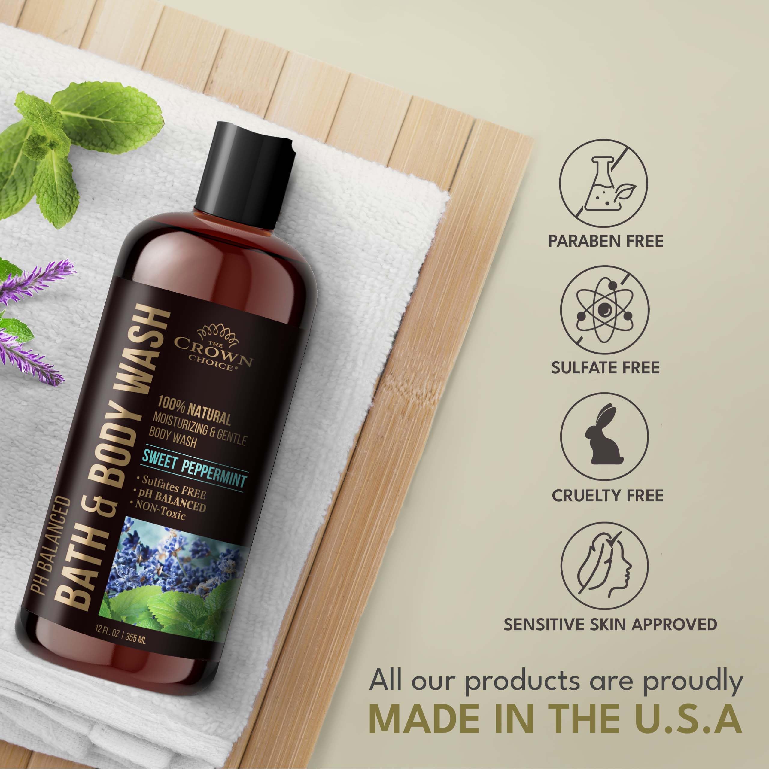 The Crown Choice Natural Body Wash – Peppermint & Lavender | pH 5.5 | 12oz (2-Pack)