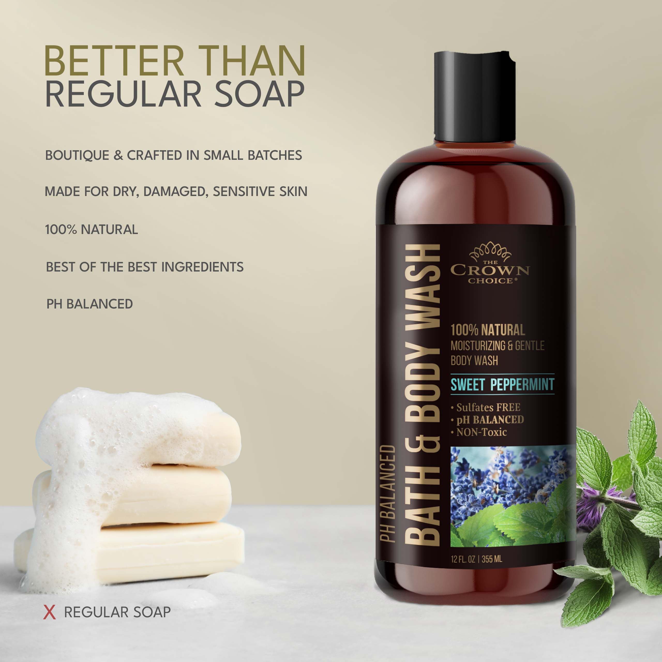 The Crown Choice Natural Body Wash – Peppermint & Lavender | pH 5.5 | 12oz (2-Pack)