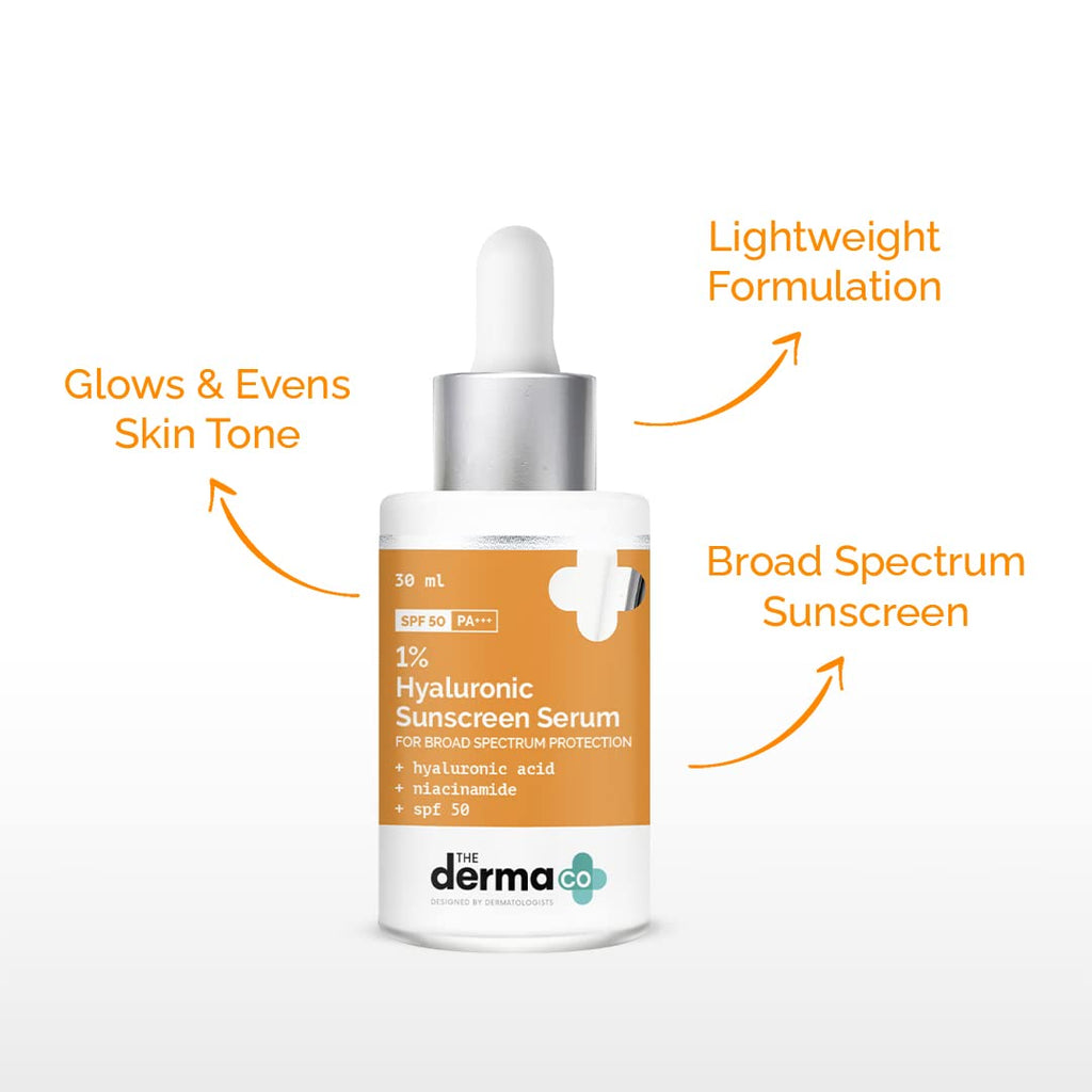 The Derma Co 1% Hyaluronic Acid Sunscreen Serum SPF 50 PA+++ | Lightweight, Non-Greasy | 30ml