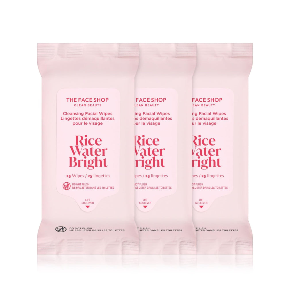 The Face Shop x Glamzilla Rice Water Bright Cleansing Wipes – 3-Pack, 25 Count Each
