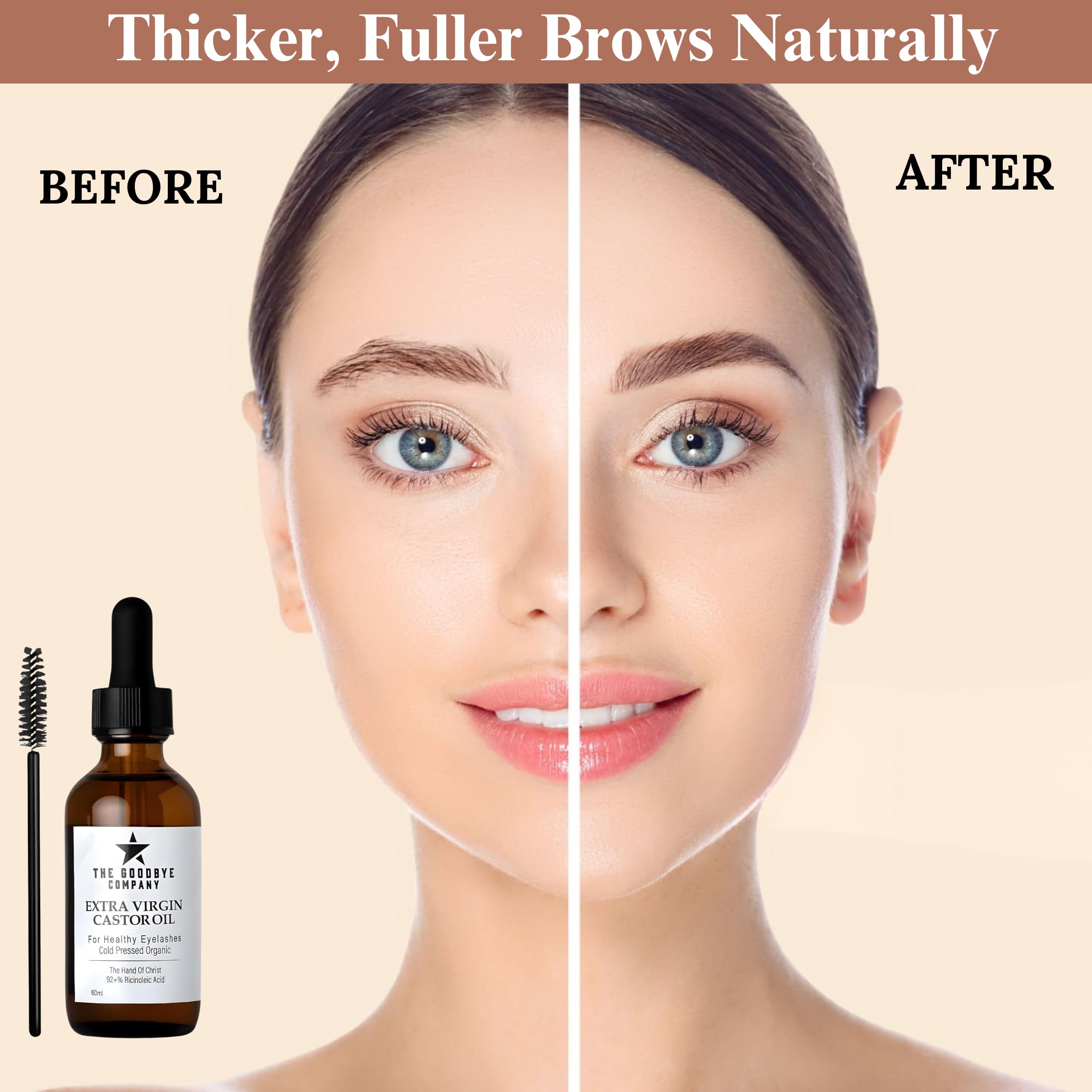 The Goodbye Company USDA Organic Castor Oil for Eyelashes & Eyebrows – 100% Pure Cold-Pressed, Hexane-Free 60ml with Applicator