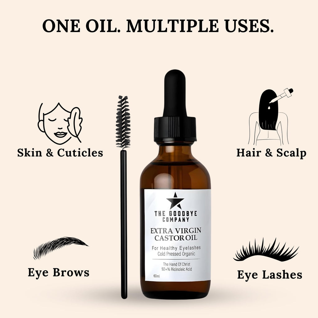 The Goodbye Company USDA Organic Castor Oil for Eyelashes & Eyebrows – 100% Pure Cold-Pressed, Hexane-Free 60ml with Applicator