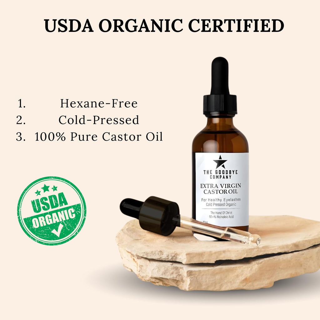 The Goodbye Company USDA Organic Castor Oil for Eyelashes & Eyebrows – 100% Pure Cold-Pressed, Hexane-Free 60ml with Applicator
