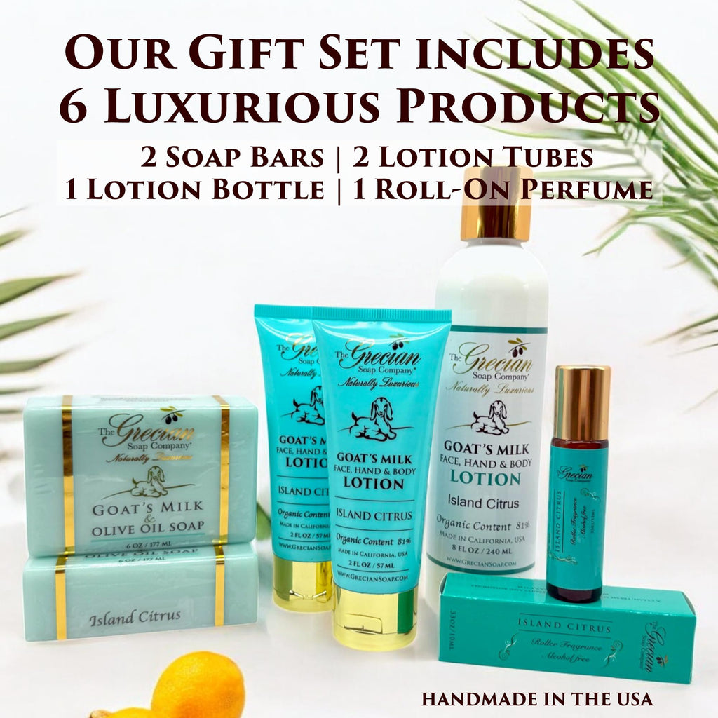 The Grecian Soap Company Deluxe Bathtub Gift Set – Goat Milk & Olive Oil Skincare, Island Citrus, 6-Piece Gift Set