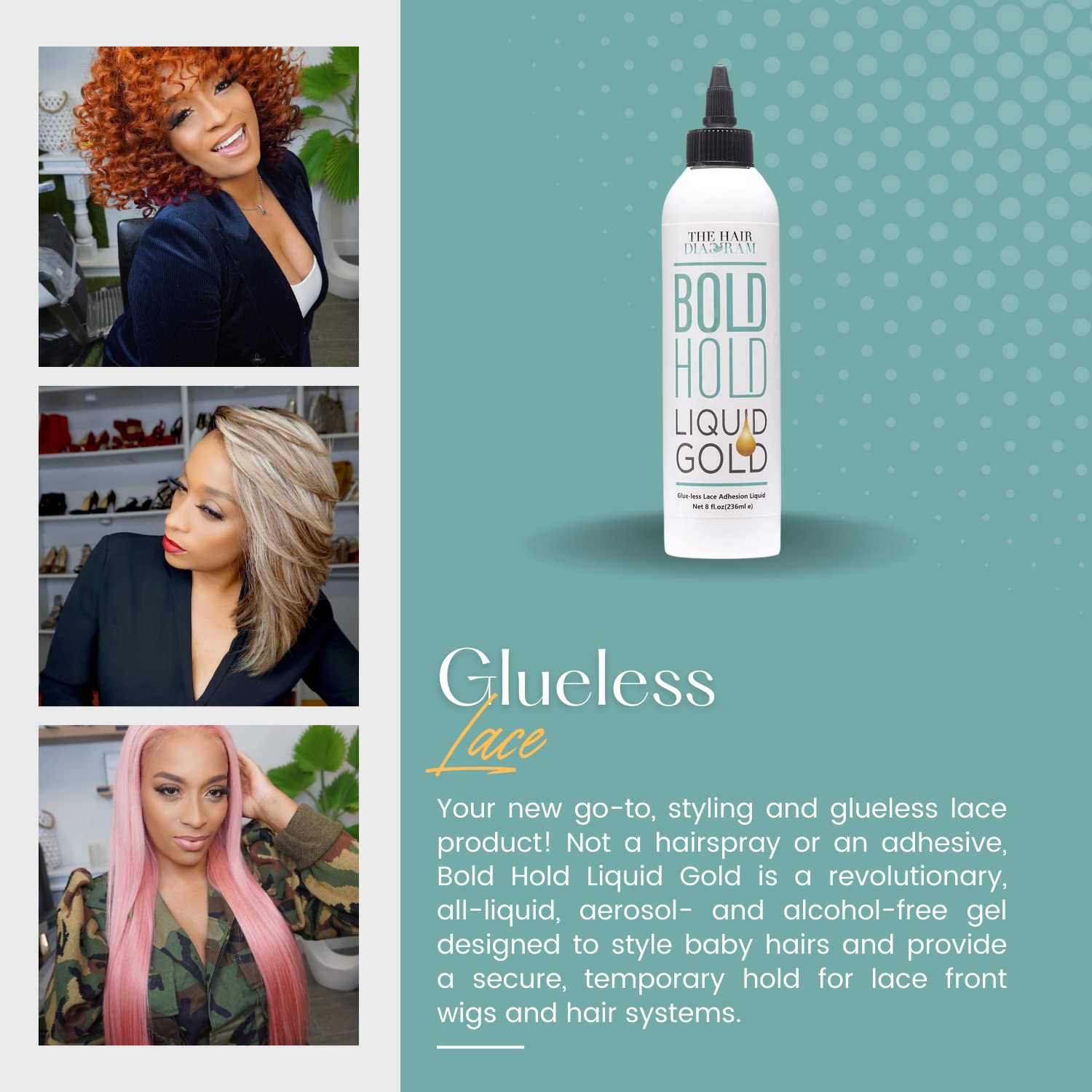 The Hair Diagram Bold Hold Liquid Gold – Glueless Lace Gel for Wigs and Hair Systems – Water Based, Alcohol Free, 8oz