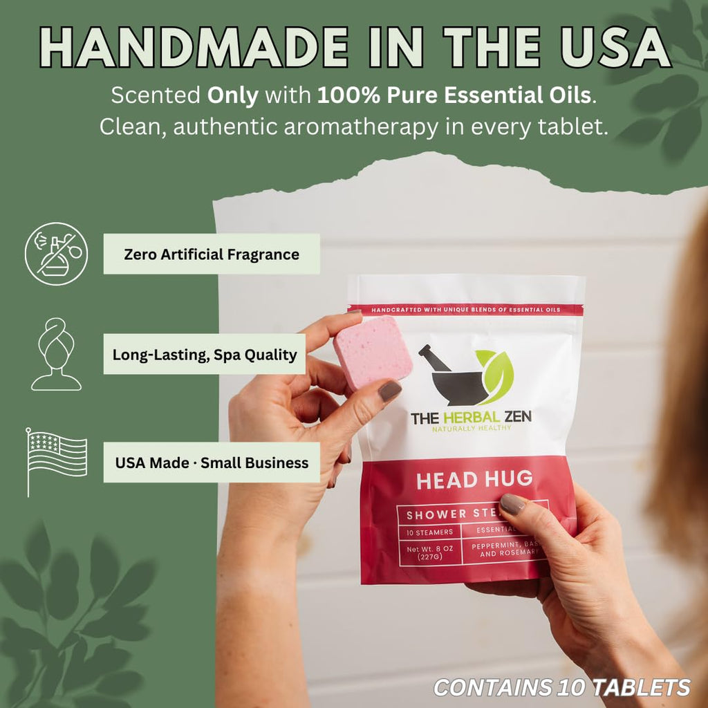 The Herbal Zen Head Hug Shower Steamers – Peppermint & Rosemary, USA Made, 10 Pack