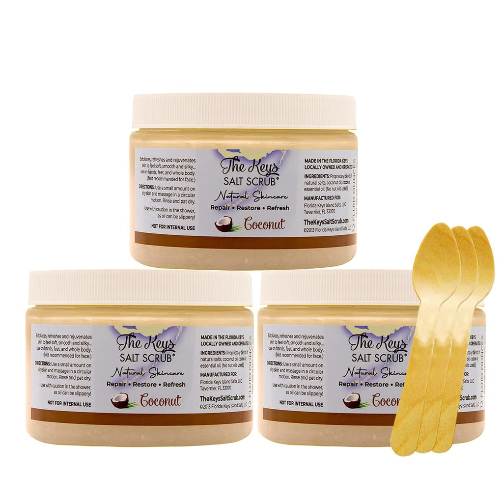 The Keys Salt Scrub - Coconut Sea Salt Scrub with Wooden Spoon | Exfoliating Body Scrub for Hands, Feet, Bath | 12 oz Pack of 3