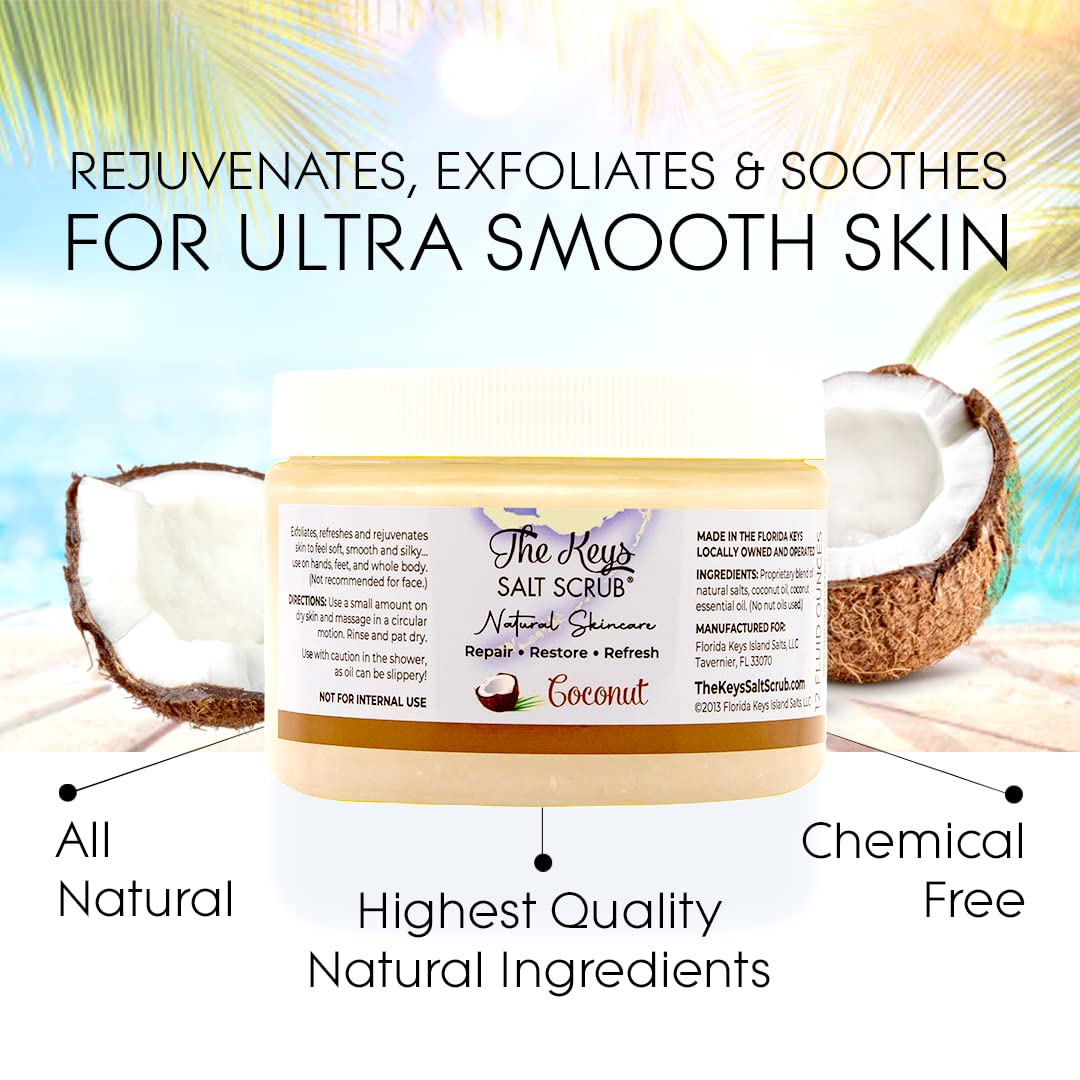 The Keys Salt Scrub - Coconut Sea Salt Scrub with Wooden Spoon | Exfoliating Body Scrub for Hands, Feet, Bath | 12 oz Pack of 3